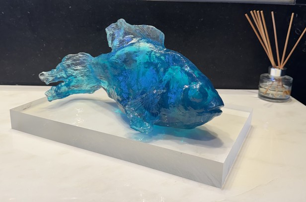 Blue resin fish sculpture