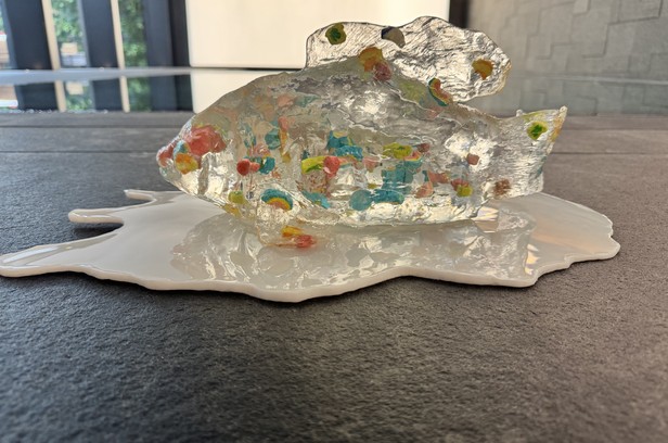 Clear resin fish sculpture with colour inclusions